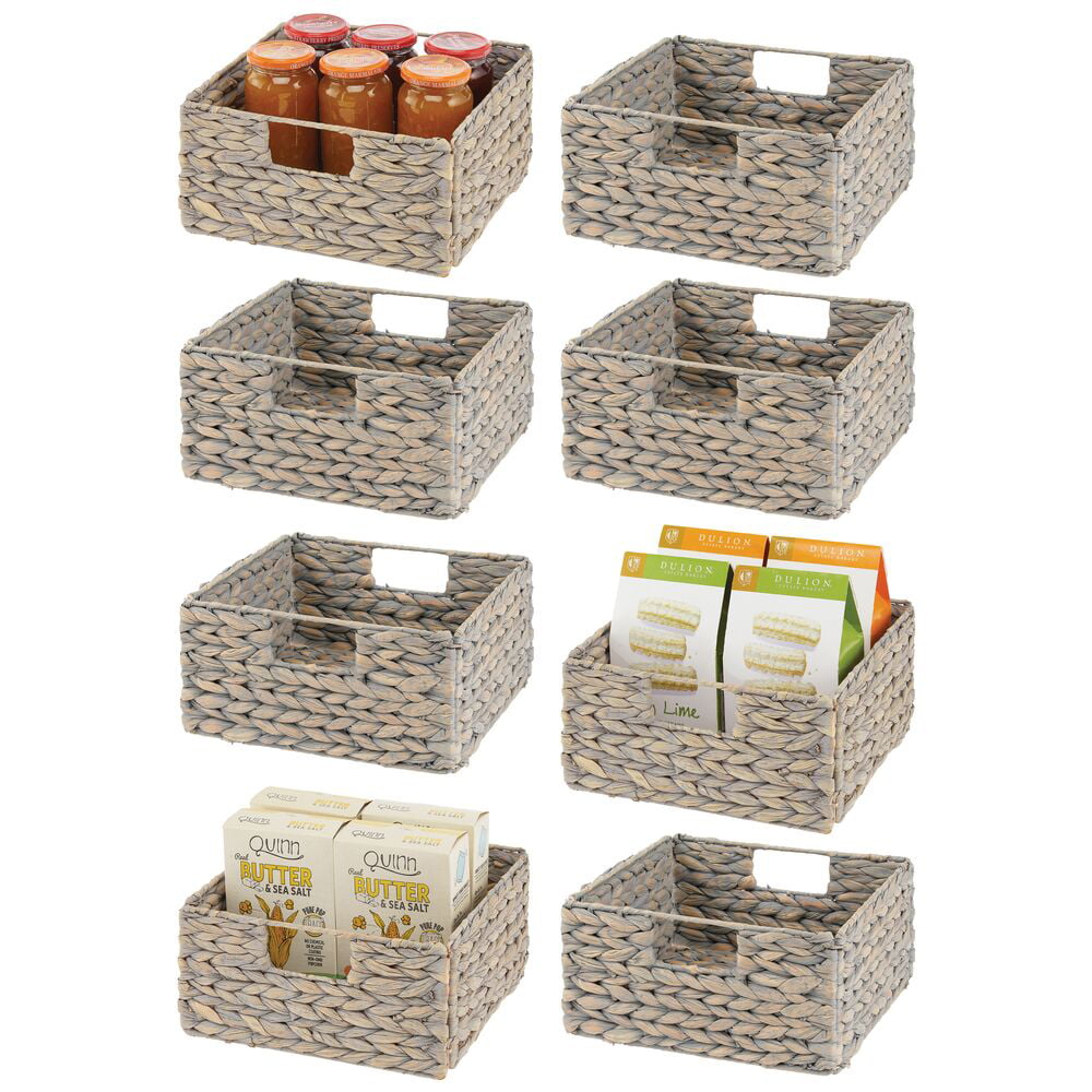 mDesign Woven Hyacinth Storage Bin Basket Organizer with Handles for Organizing Kitchen Pantry, Cabinet, Cupboard, Shelves - Holds Food, Drinks, Snacks - 8 Pack - Gray Wash