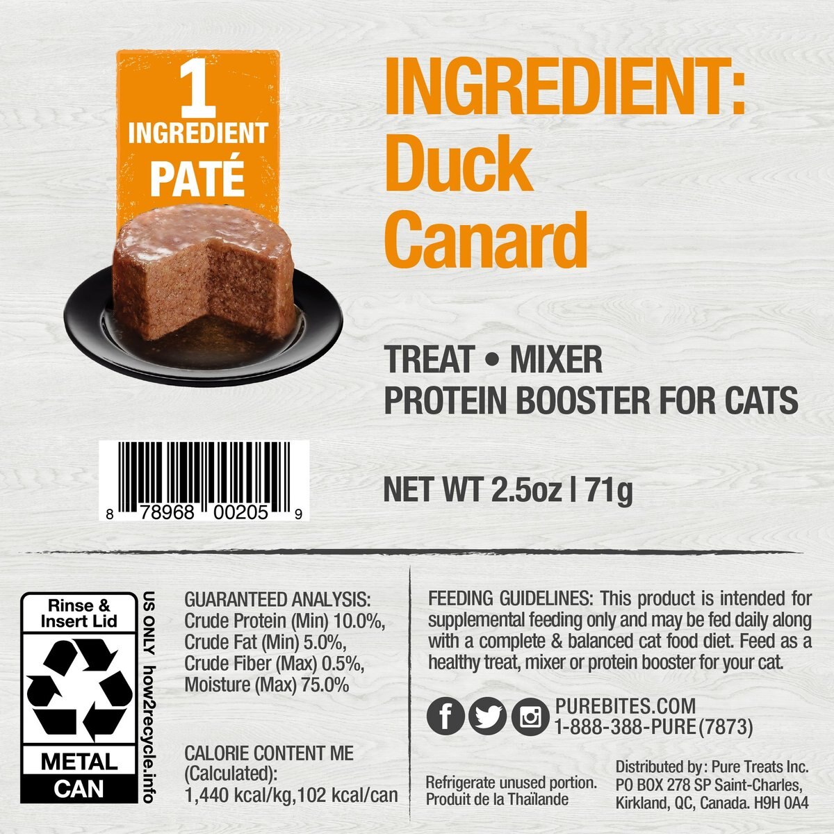 PureBites 100% Pure Duck Paté Cat Food Toppings， 2.5-oz can， 12 count