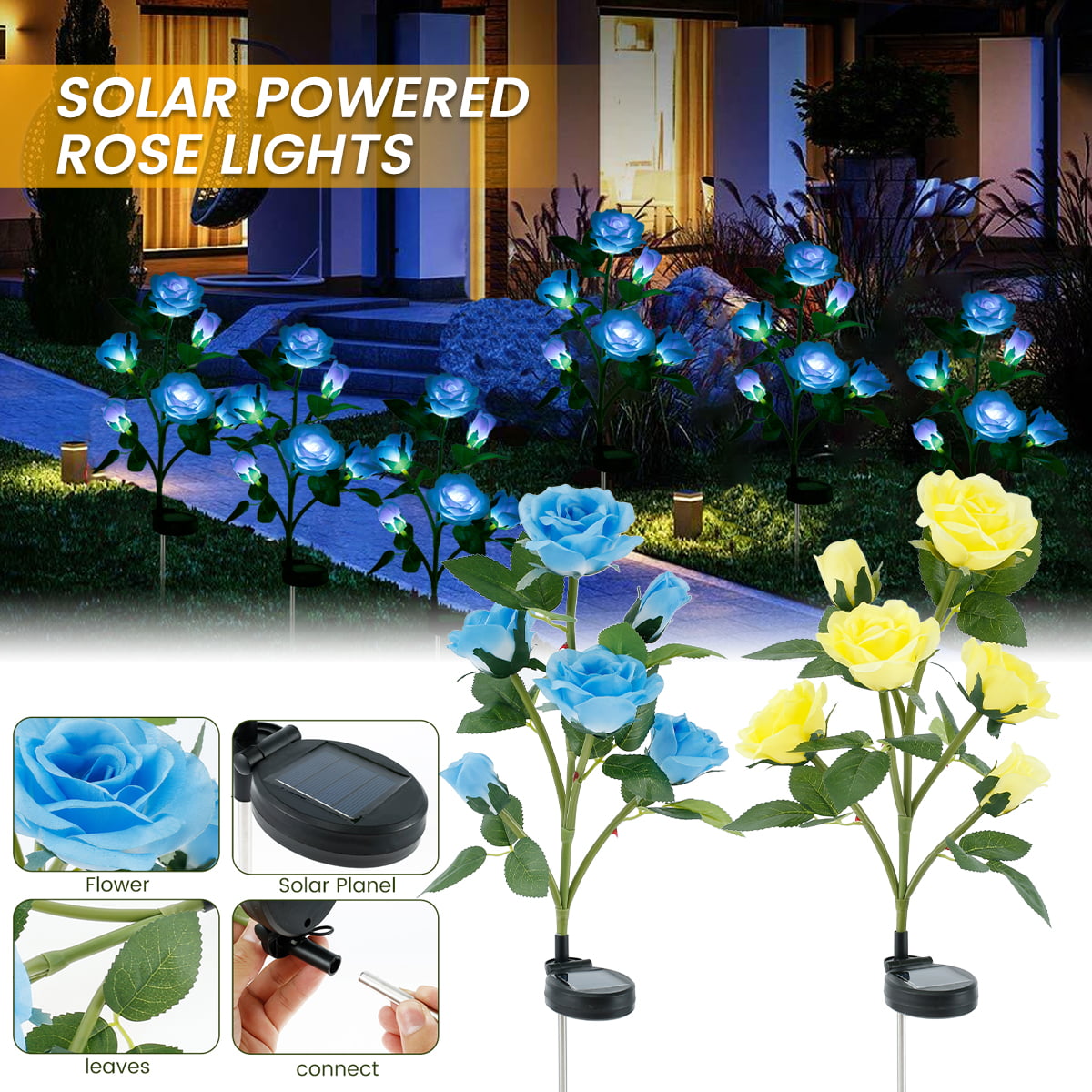 Willstar Solar LED Rose Flower Lights Garden Decorative Stake Lights IP65 Waterproof Solar Garden Lights with 6 Rose Flowers