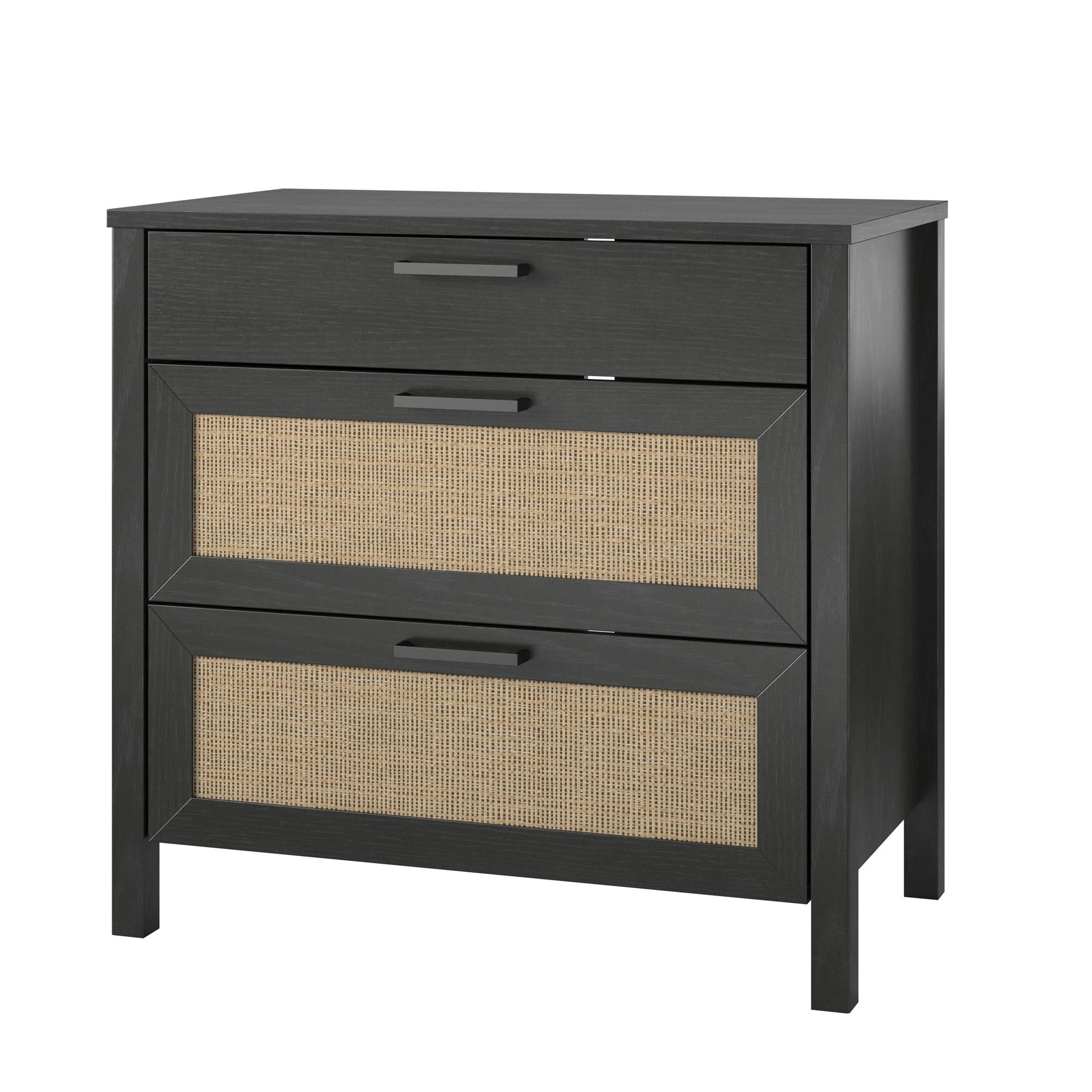 Queer Eye Wimberly 3 Drawer Dresser, Black Oak with Faux Rattan