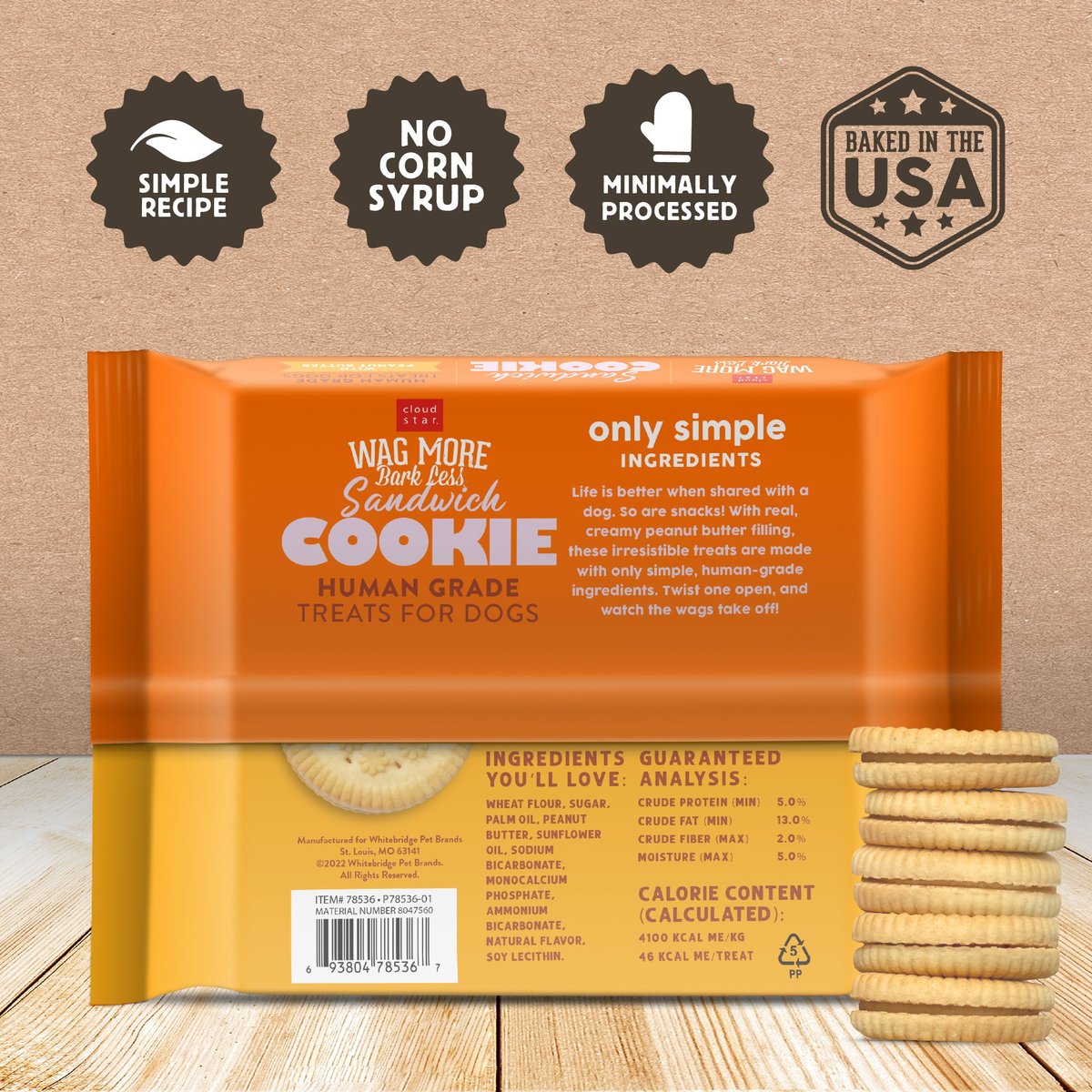 Cloud Star Wag More Bark Less Human Grade Peanut Butter Sandwich Cookie Dog Treats， 11.8-oz tray