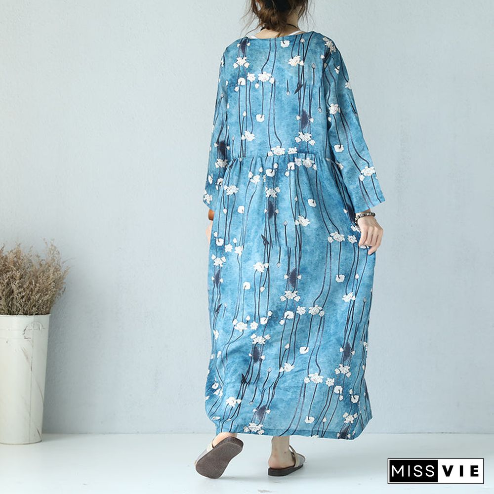 fine print linen dress Loose fitting O neck linen maxi dress boutique long sleeve maxi dresses