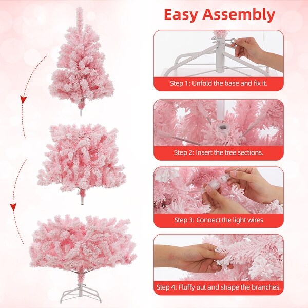 6Ft Prelit Pink Artificial Christmas Tree，Snow Flocked Faux Xmas Pine Tree with 250 Multi Color LED Lights