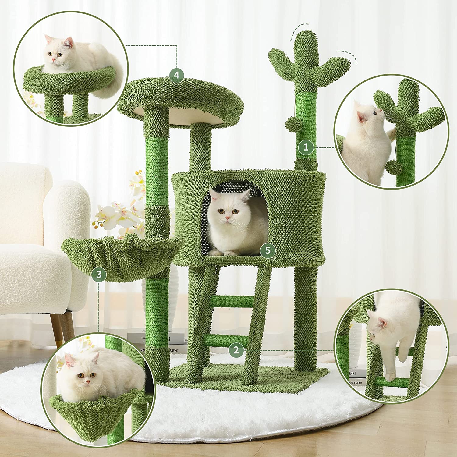 | Cat Tree Tower 43” for Indoor Cats | Cat Condo with Hammock and Cactus Scratching Posts Tree for Kittens | Tall Cat Climbing Stand with Cute Hanging Ball & Toys for Play House