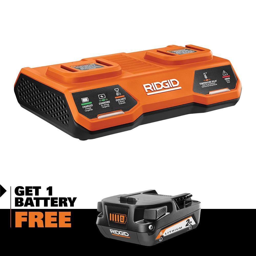 RIDGID 18V Dual Port Simultaneous Charger with 2.0 Ah Battery AC86095-AC8400802