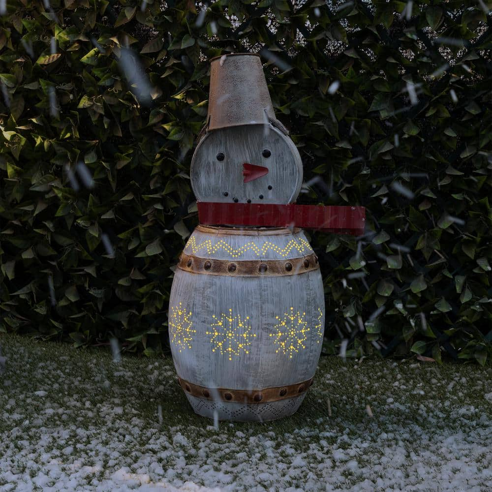 Alpine Corporation 30 in. Tall Weathered Barrel Snowman With Warm White LED Lights ORS730