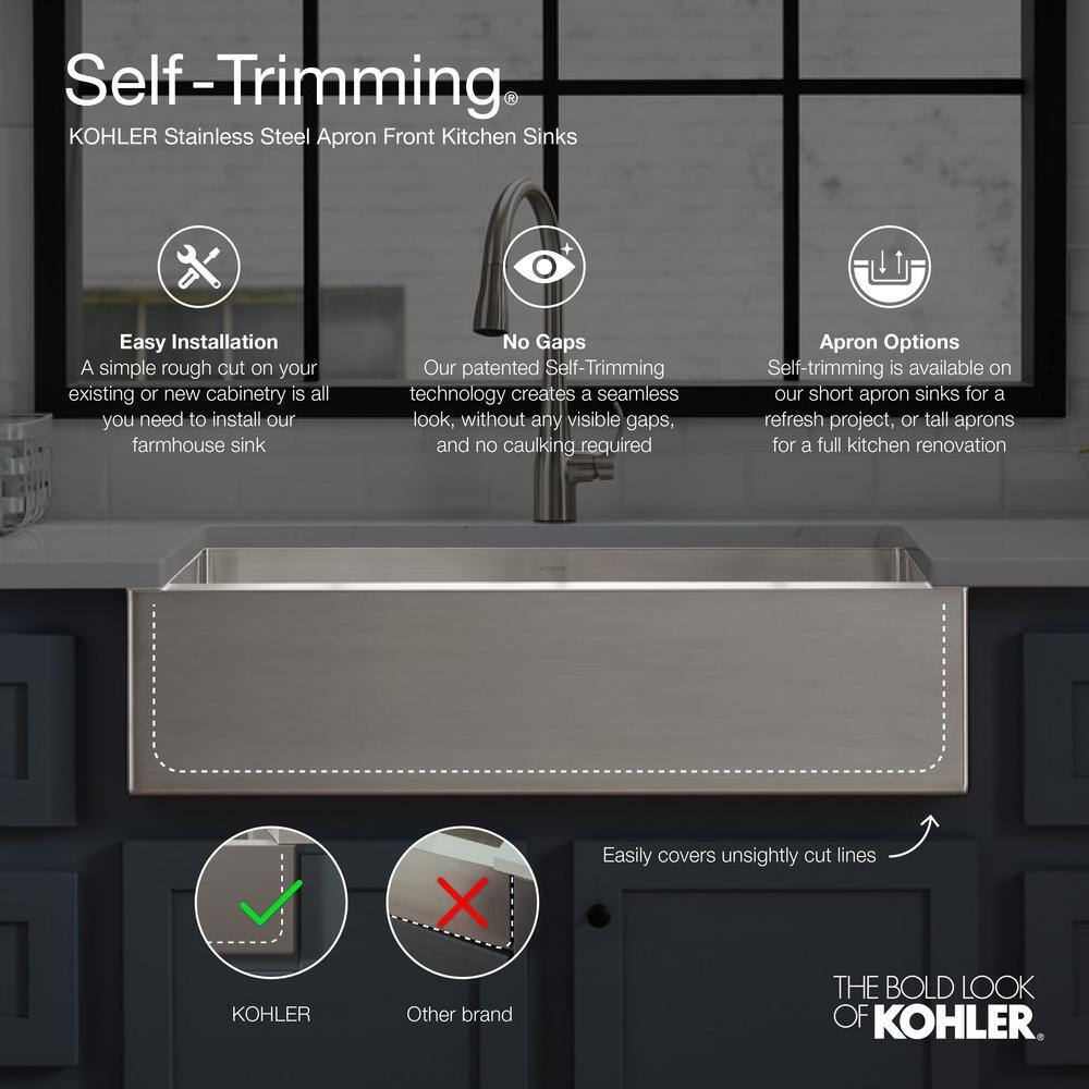 KOHLER Vault Farmhouse Drop-In Apron Front Self-Trimming Stainless Steel 36 in. 1-Hole Double Bowl Kitchen Sink K-3944-1-NA