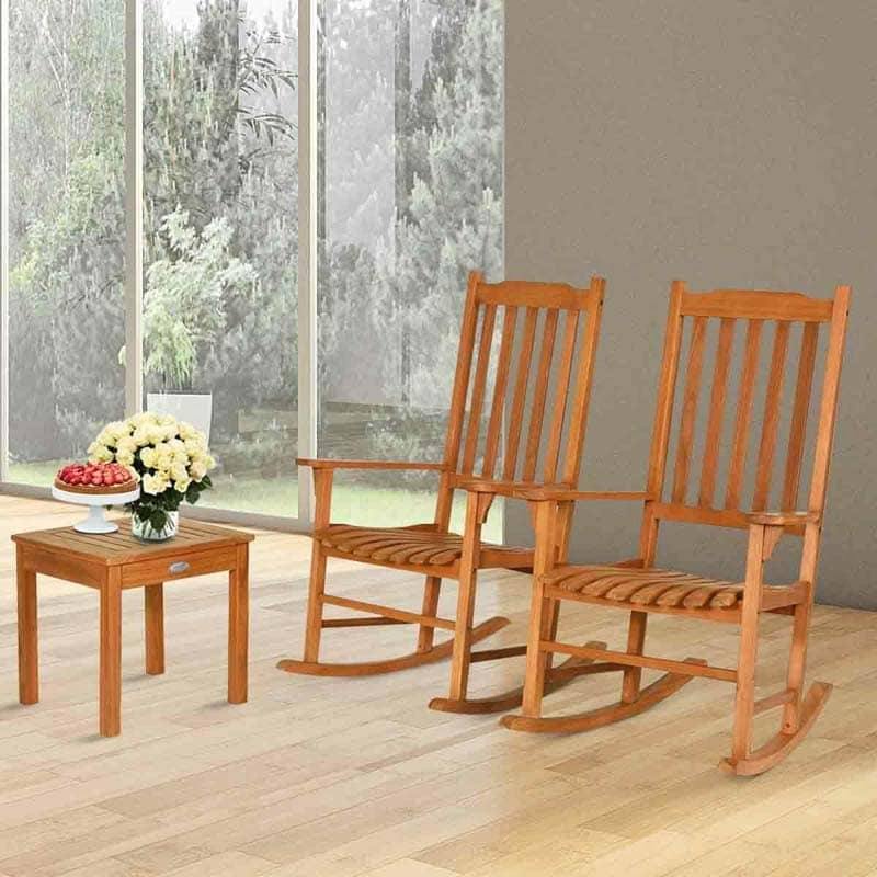 3 Pcs Eucalyptus Rocking Chair Set Outdoor Bistro Set with Accent Coffee Table