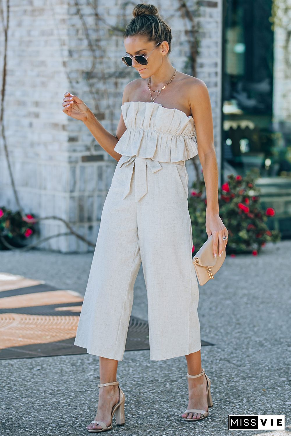 Beige Ruffled Strapless Wide Leg Jumpsuit