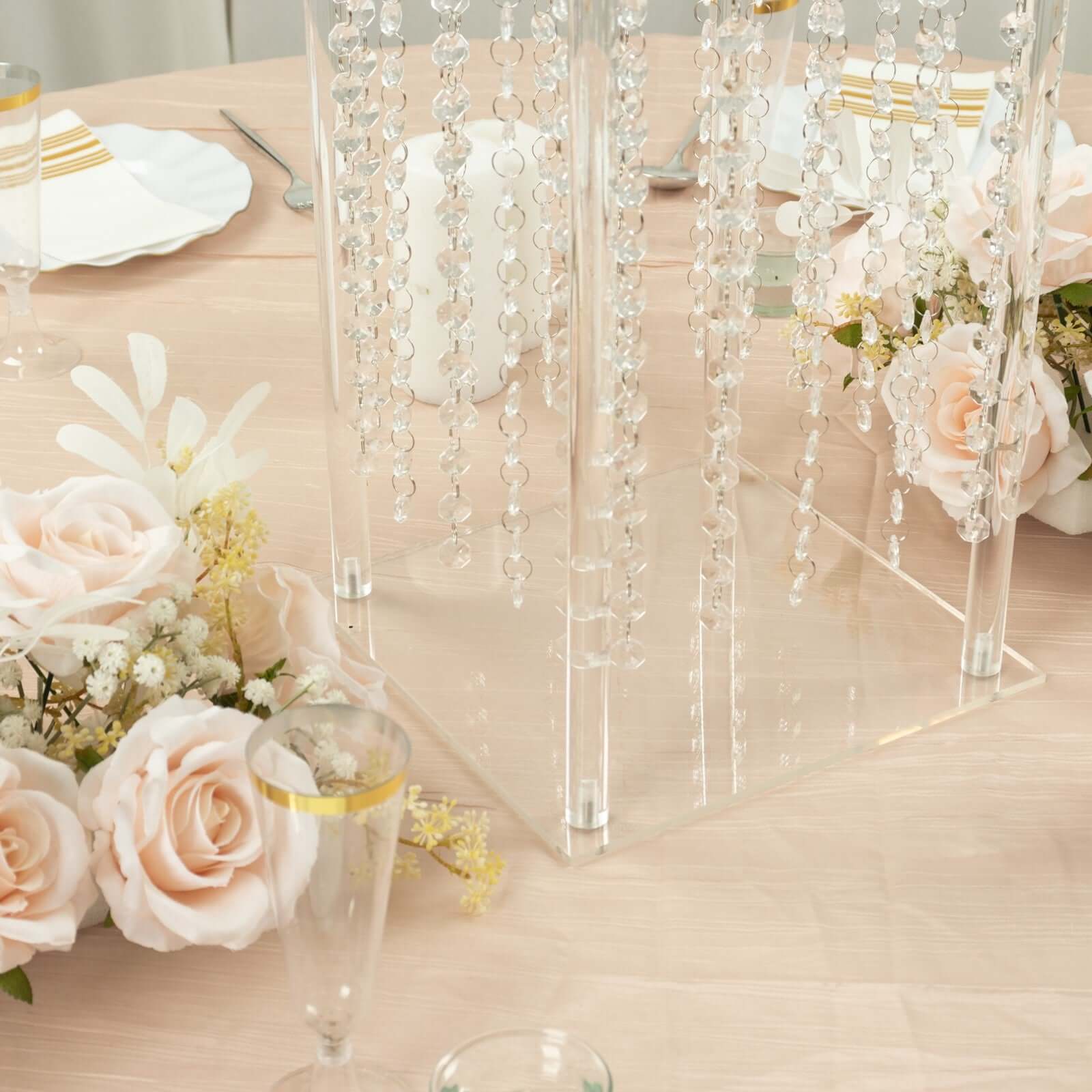 Heavy Duty Acrylic Flower Pedestal Vase with Hanging Crystal Beads, Clear Pillar Stand Wedding Table Centerpieces With Pre-chained Garlands 5mm Thick Plates 24