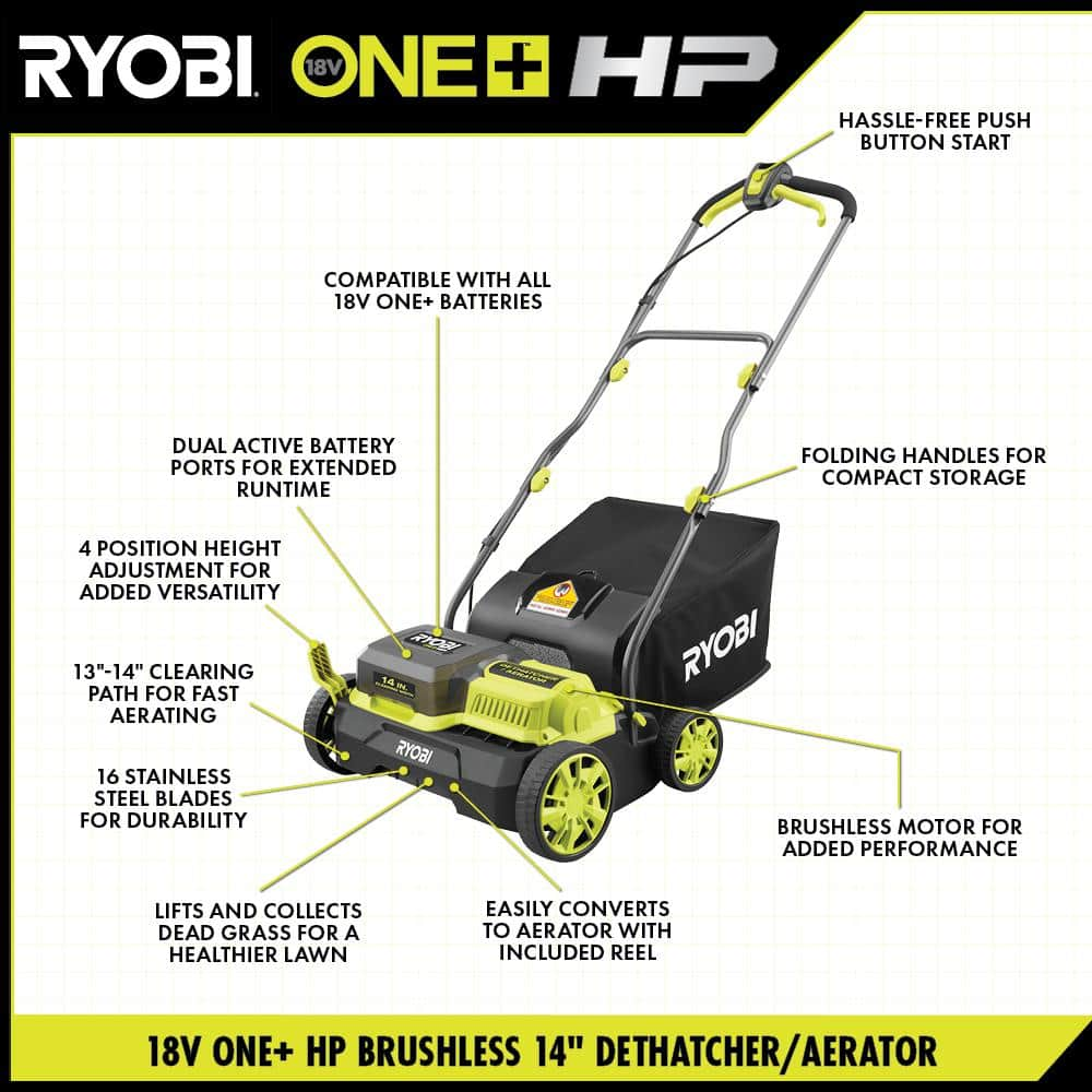 RYOBI ONE+ HP 18V Brushless 14 in. Cordless Battery Dethatcher/Aerator with (2) 4.0 Ah Batteries and Charger P2740