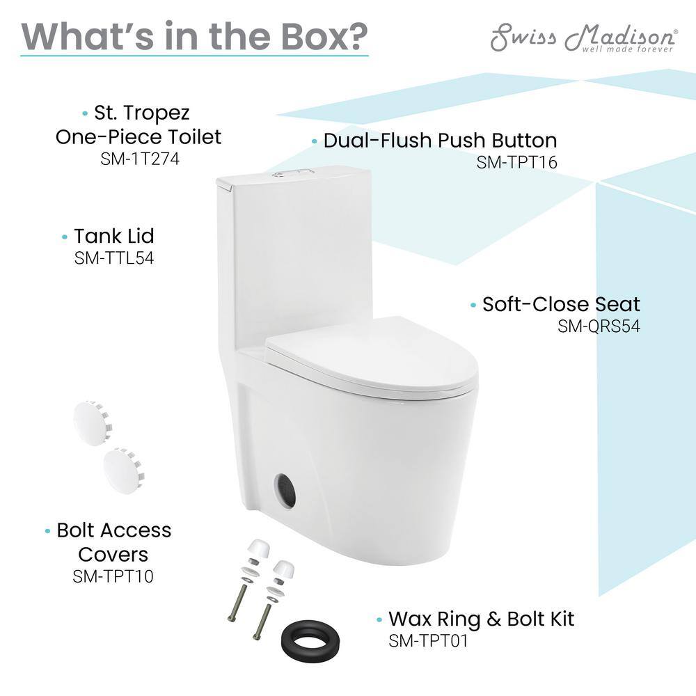 Swiss Madison St. Tropez 10 in. 1-piece 1.11.6 GPF Dual Flush Elongated Toilet in Glossy White Seat Included SM-1T274