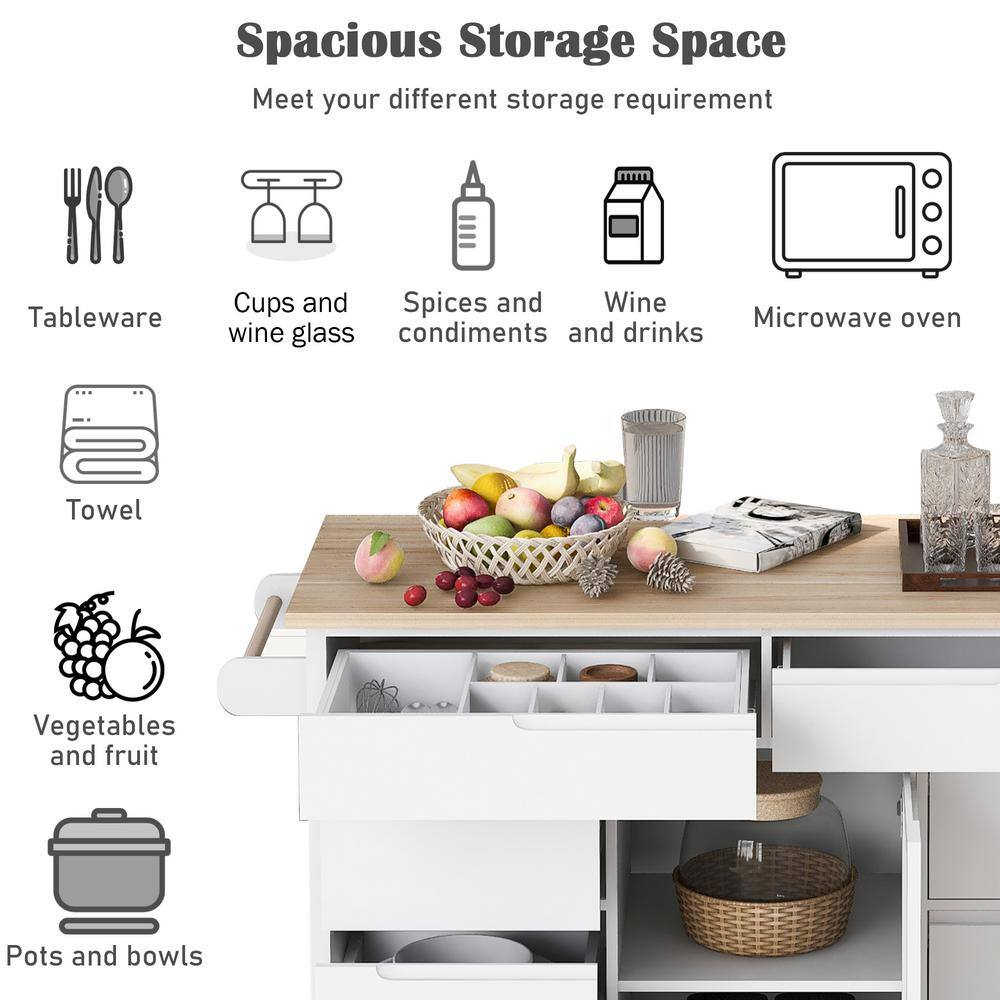 White Wood 53.1 in. Kitchen Island with 8 Handle-Free Drawers and 5 Wheels for Kitchen Dinning Room LH-950