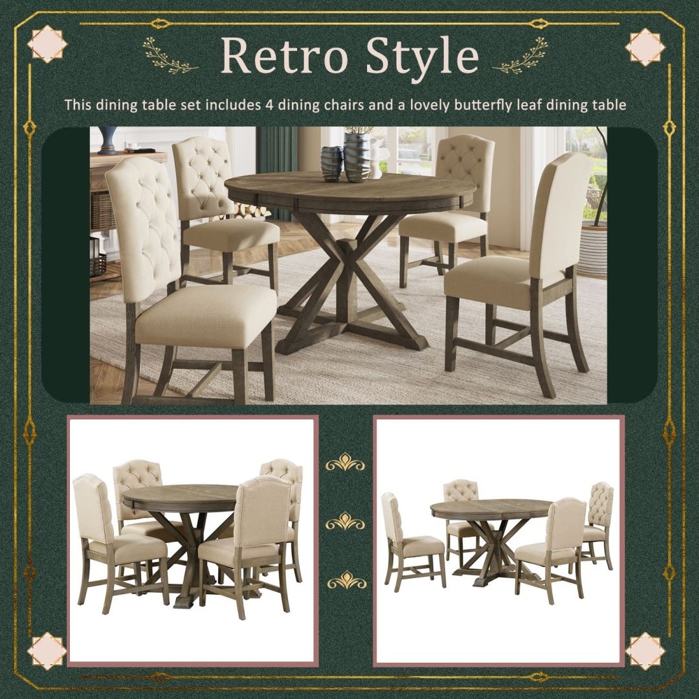 Retro Style Dining Table Set with Extendable Table and 4 Upholstered Chairs