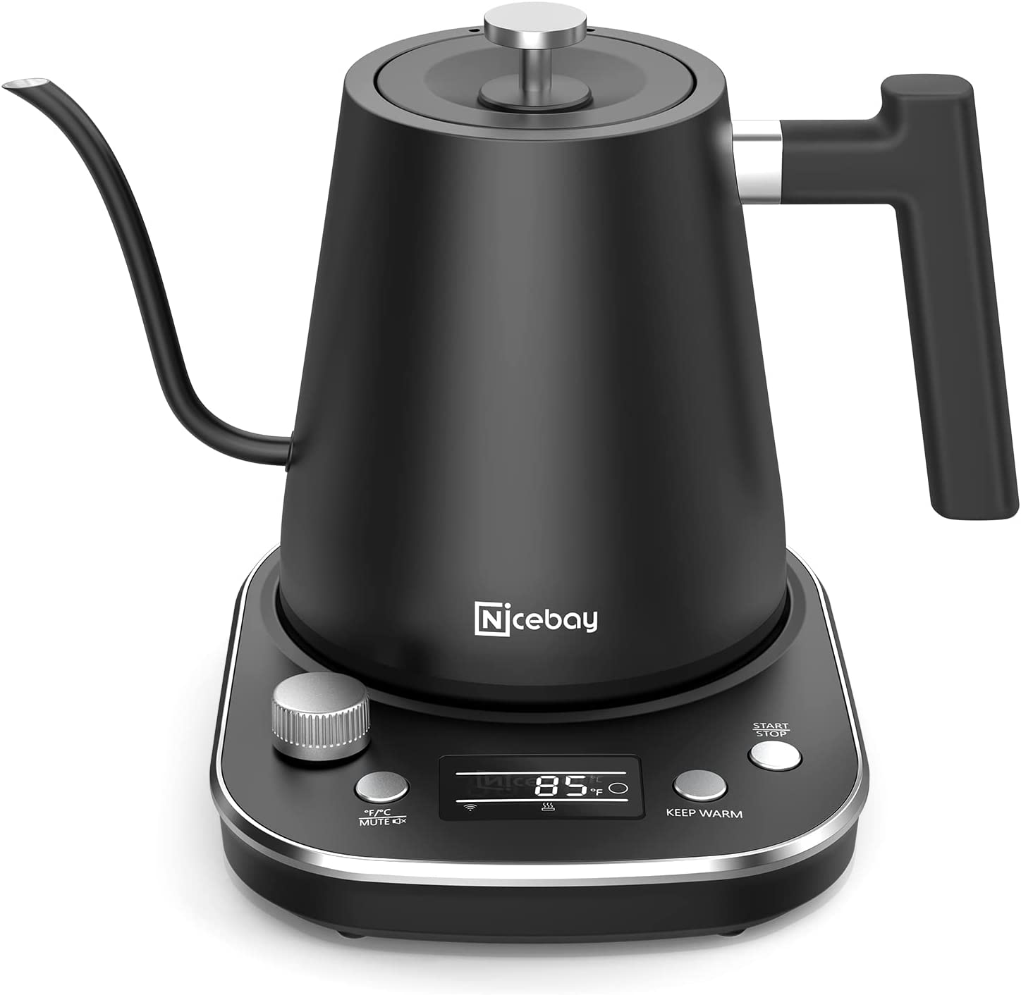 Nicebay Electric Gooseneck Kettle， Electric Kettle with Heating Base with Buttons and LED Display， Pure Stainless Steel Inner Electric Tea Kettle， 1200W Fast Heating， Pour Over Coffee Kettle， 0.8L