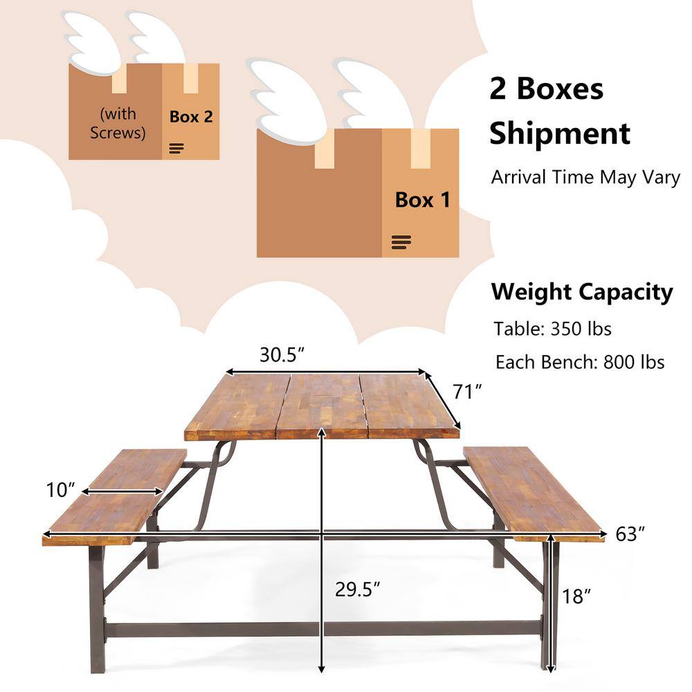 Costway Acacia Wood Outdoor Picnic Table Bench Set with 71 in. Tabletop 2 in. Umbrella Hole KC55465+