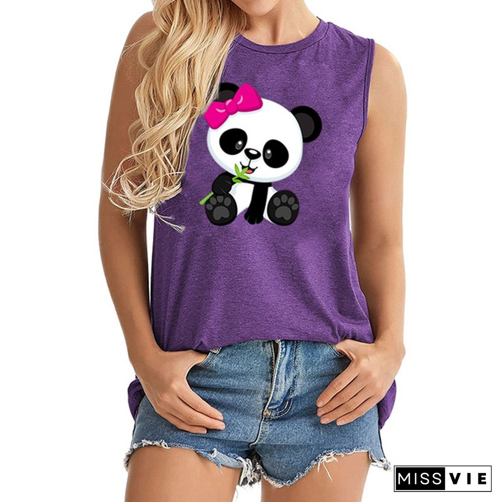 Women Fashion Summer Tank Tops Panda Letter Printed Funny Shirts O-Neck Sleeveless Vest