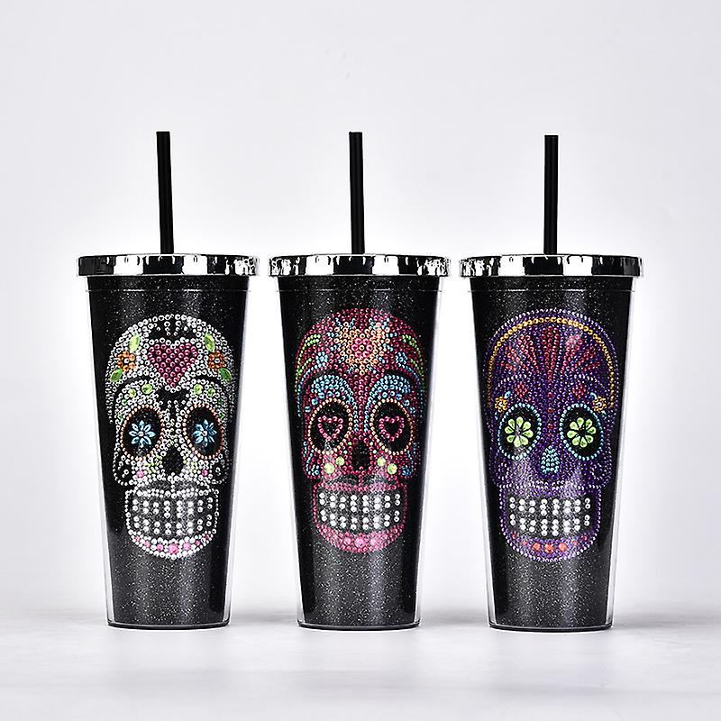 Double-layer Plastic Straw Cup Diamond Creative Skull Water Cup Halloween Large-capacity Drink Cup