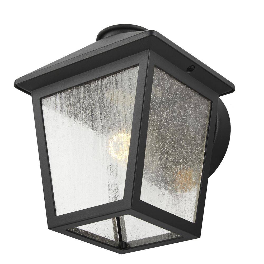 Hampton Bay Malena 1-Light Black Hardwired Outdoor Wall Lantern Sconce with Clear Seeded Glass 5294503012