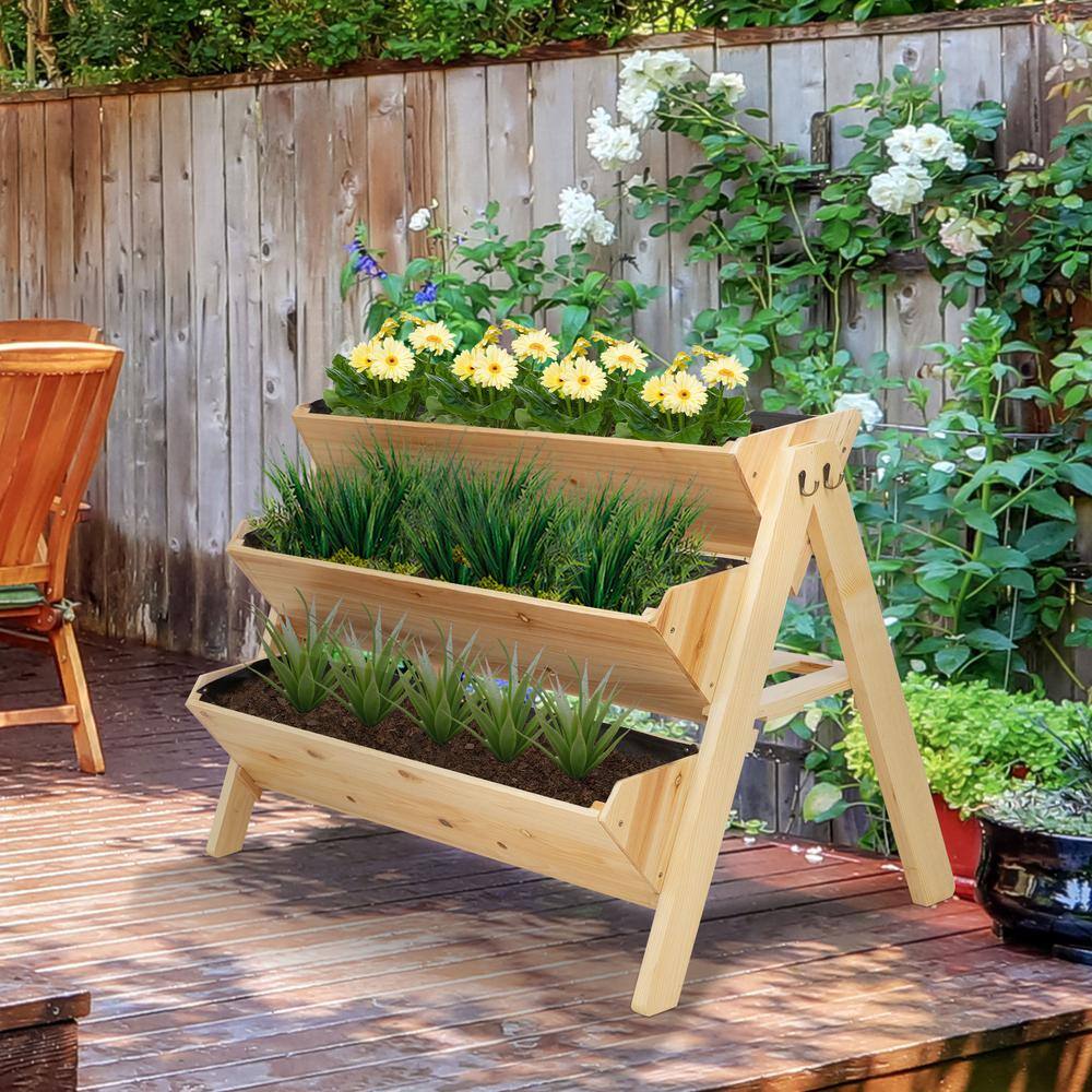 Outsunny 47 in. Natural Wooden 3-Tiers Raised Garden Bed with Side Hooks， Storage Clapboard 845-476