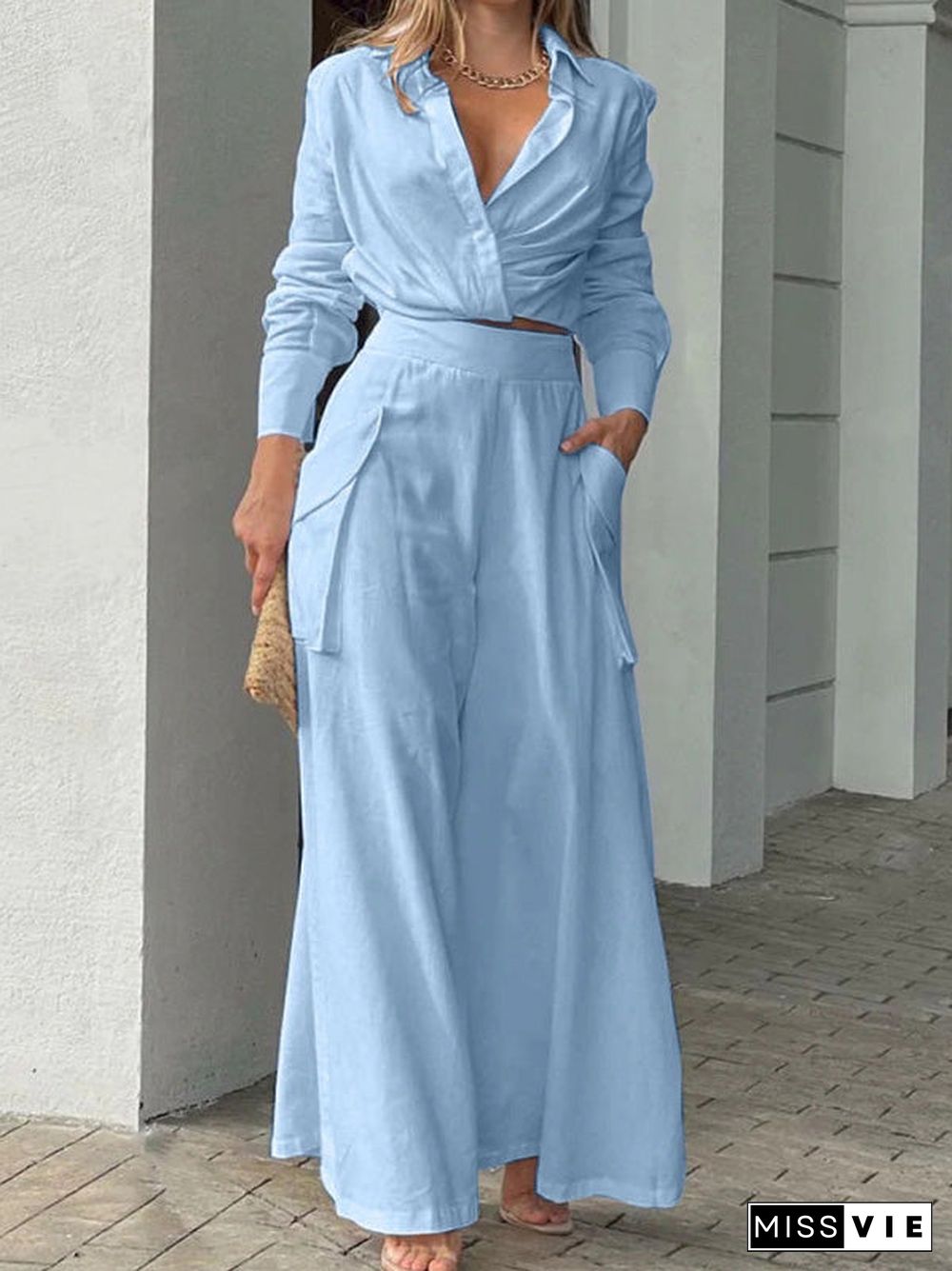 Women'S Sets Crop Long Sleeve Shirt & Wide Leg Pants Two Piece Set