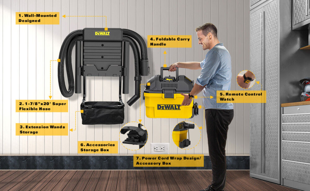 DW 6 Gallon Wall Mounted Wet/Dry Vacuum with Wireless on/off Control DXV06G from DW