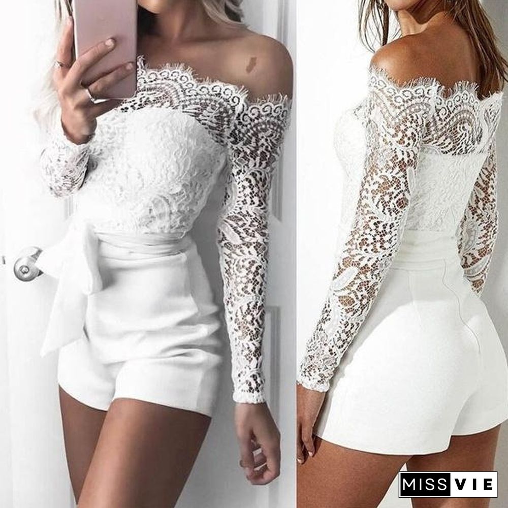 Women Playsuit Party Jumpsuit Romper Short Trousers Pants Clubwear Lace Sleeve