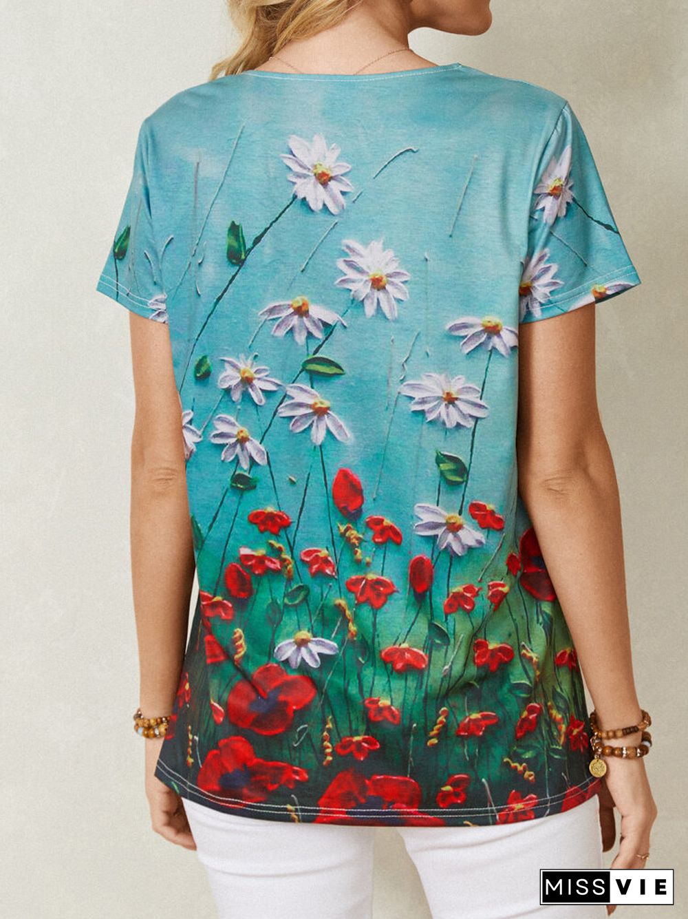 Flower Print V-neck Short Sleeve T-Shirt For Women