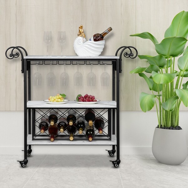 3-Layer Double Armrest Imitation Marble Movable Wood Kitchen Wine Cart