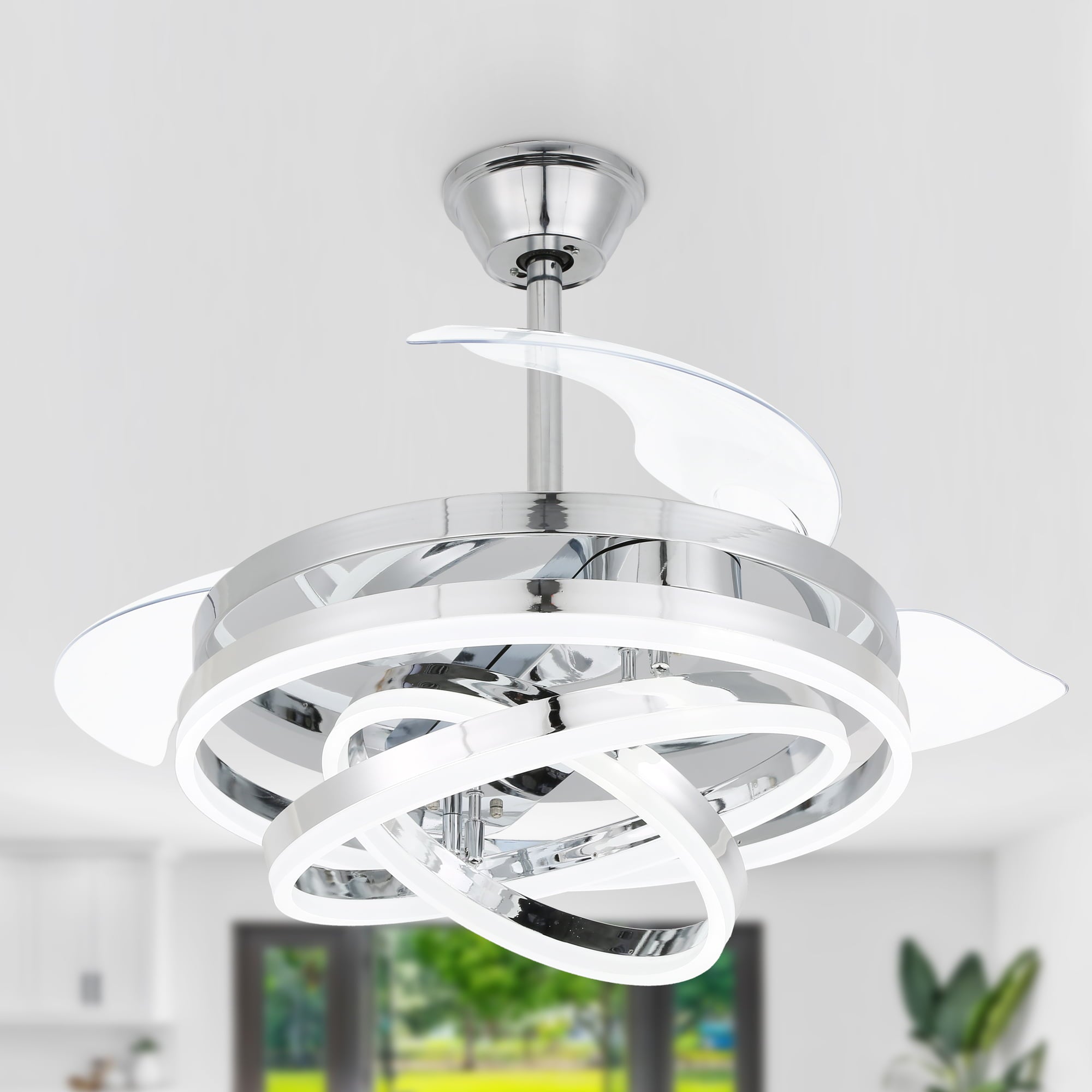 Oaks Aura 42 Inch Retractable Dimmable LED Ceiling Fan Light Remote 3-Color 6-Speed Chandelier