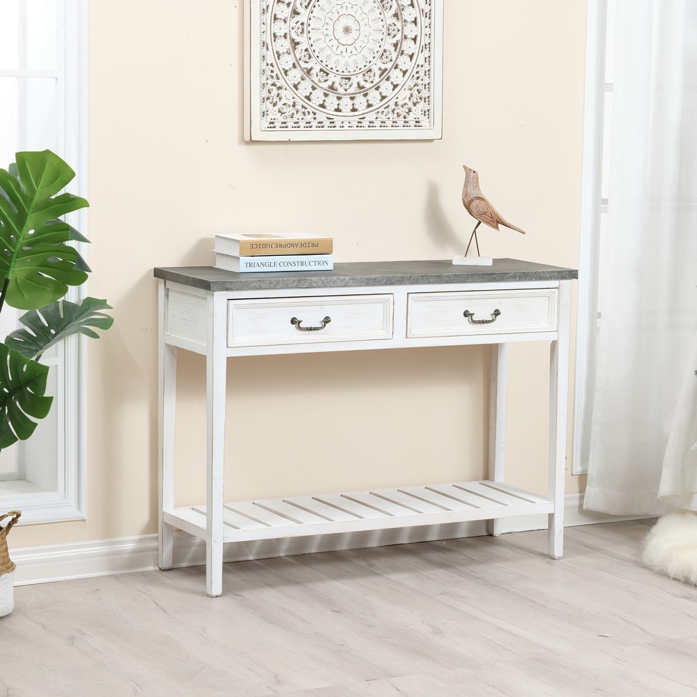 Farmhouse Distressed White Wood and Galvanize Top Console Table   31.5\