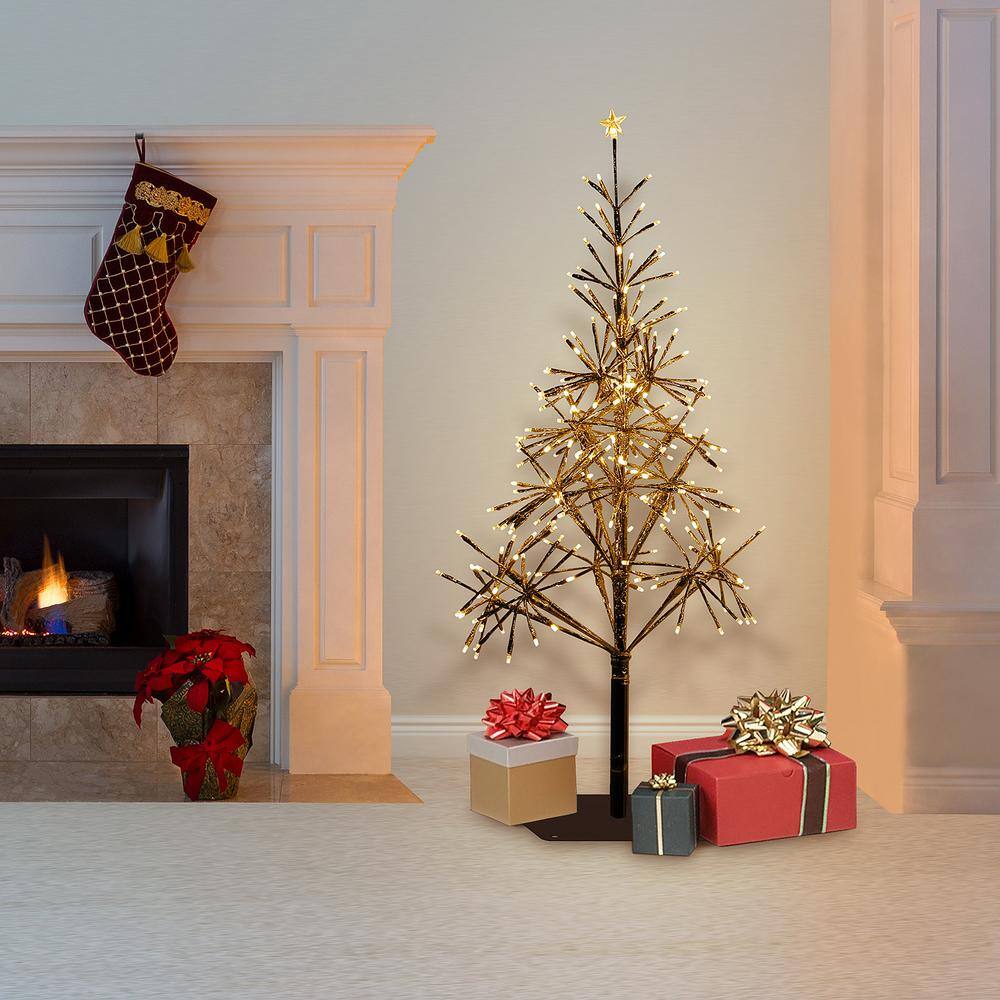 Alpine Corporation 53/61 in. Tall Indoor/Outdoor Artificial Christmas Tree with Warm White LED Lights, Gold CRD111S-GD