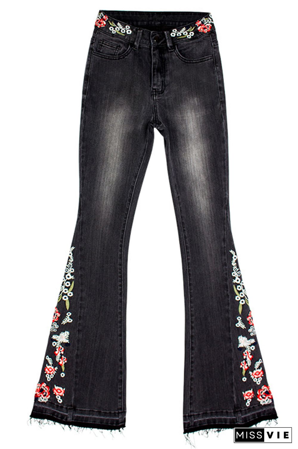 Black Bleach Embroidered Side Bell Bottom Flared Jeans Wholesale Boutique