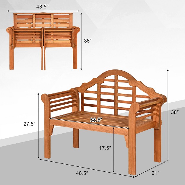 Costway 49 x27 x27 Outdoor Folding Bench Eucalyptus Wood Backrest Armrest Patio Garden