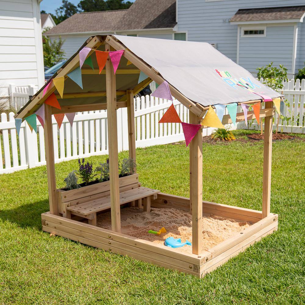 Funphix Dig n' Play Outdoor Wooden Sandbox Playhouse with Bench and Flower Planter Sand Pit for Kids WPHX-2204