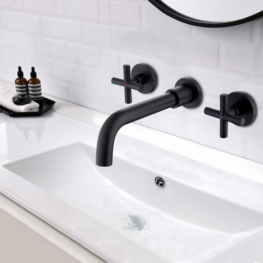 WELLFOR 2-Handle Wall Mount Bathroom Faucet with Cross Handles in Matte Black WB-FA049MB3