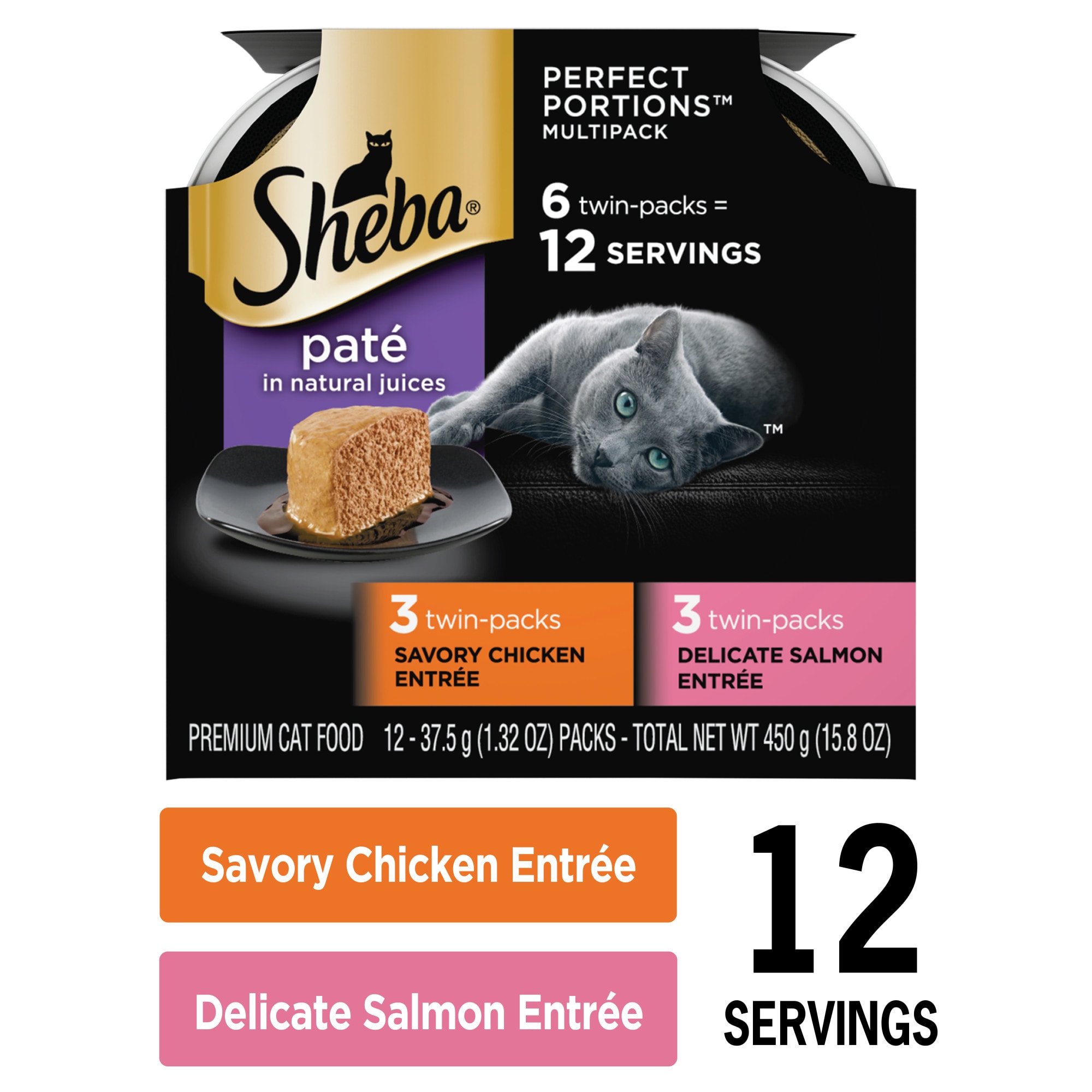 Sheba Perfect Portions Multipack Savory Chicken and Delicate Salmon Entrees Wet Cat Food， 2.64 oz.， Count of 6