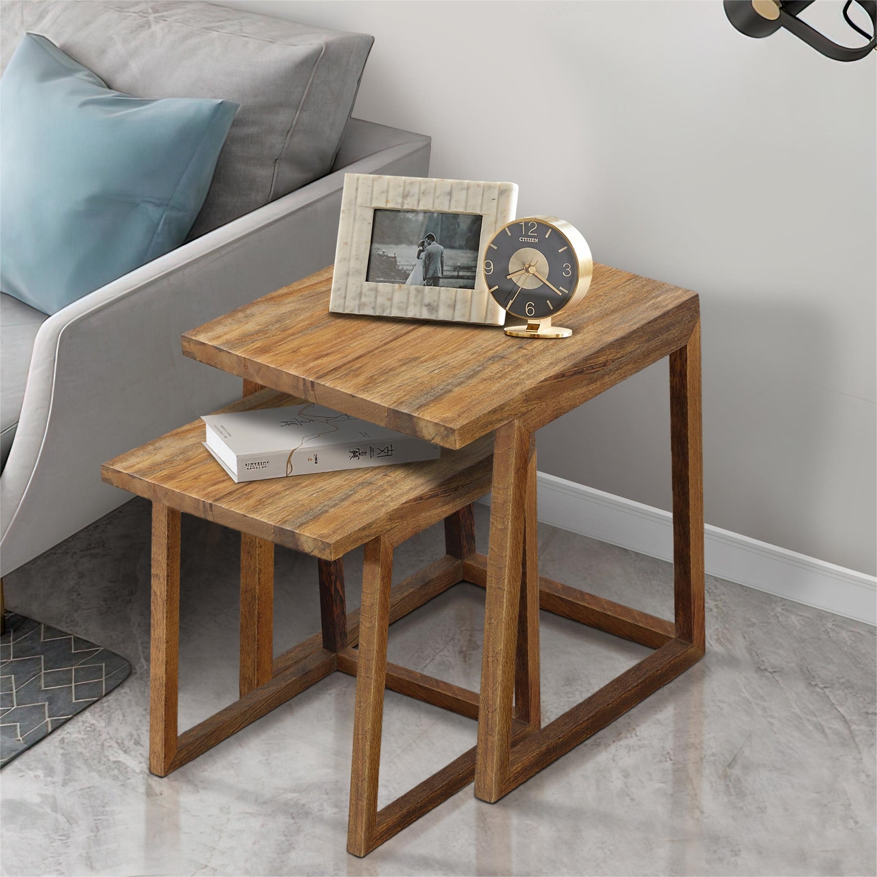 Brown Rectangular 2 Piece Mango Wood Nesting Side Table Set