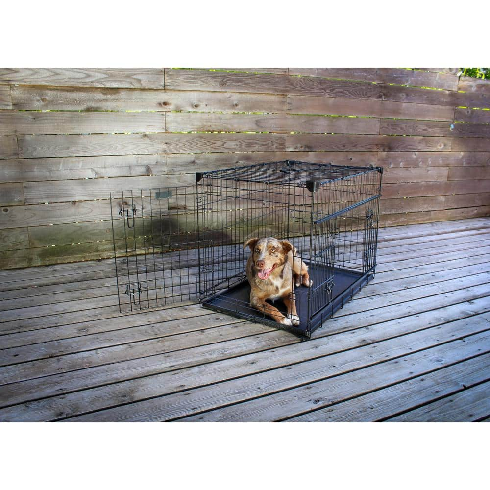 Lucky Dog 36 in. Sliding Double Door Dog Crate with Patented Corner Stabilizers, Removable Tray, Rubber Feet and Carrying Handle ZW 51536