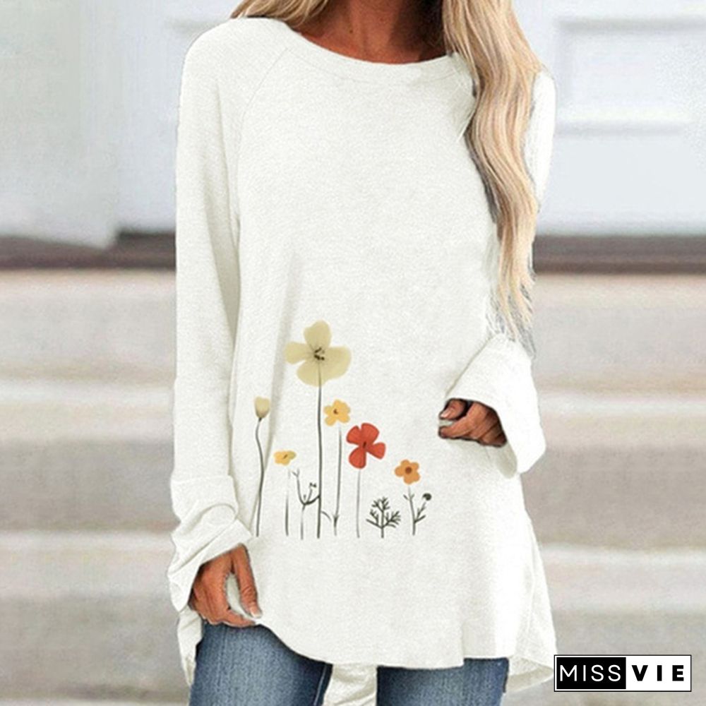 Spring and Autumn Plus Size Fashion Women Clothing Flowers Printed Casual T-shirt Ladies Long Sleeve Round Neck Pullover Tops