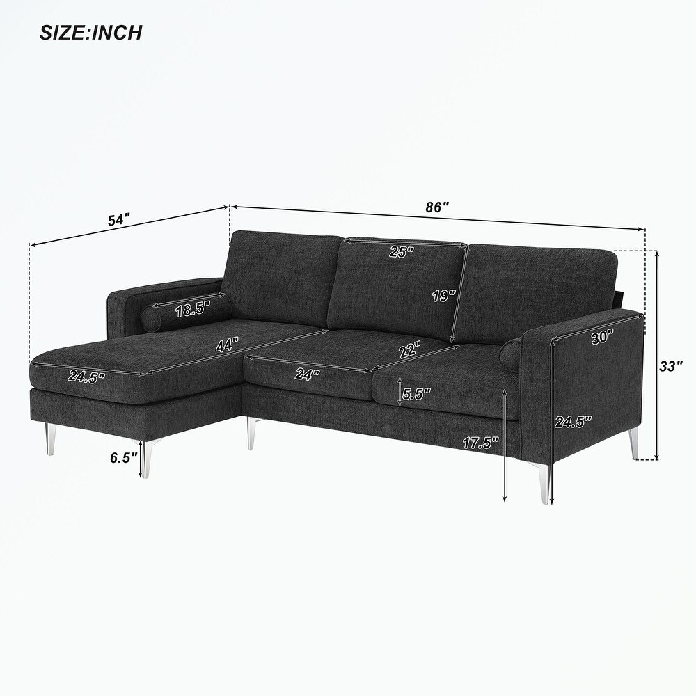 Fabric Sectional Sofa with Reversible Chaise  2 Pillows