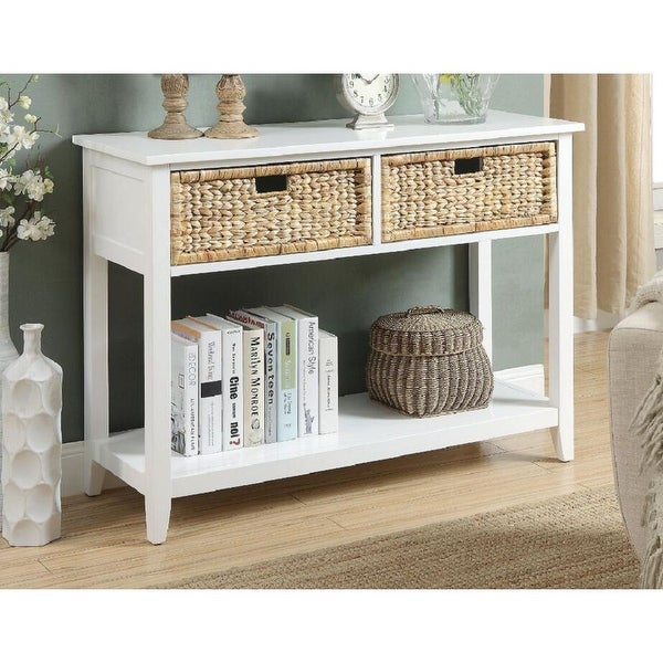 Transitional Flavius Rectangular Console Table with 2 Drawers (Basket Front) and Open Storage Bottom Shelf in White