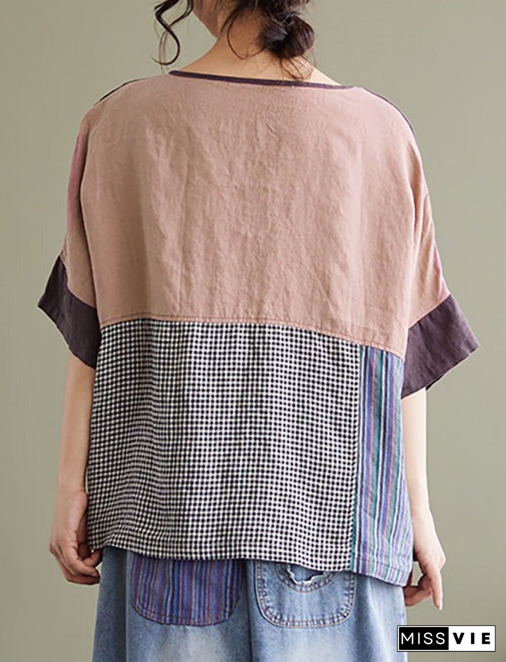 Plus Size Vintage Short Sleeve Women Linen Patchwork Loose T Shirt