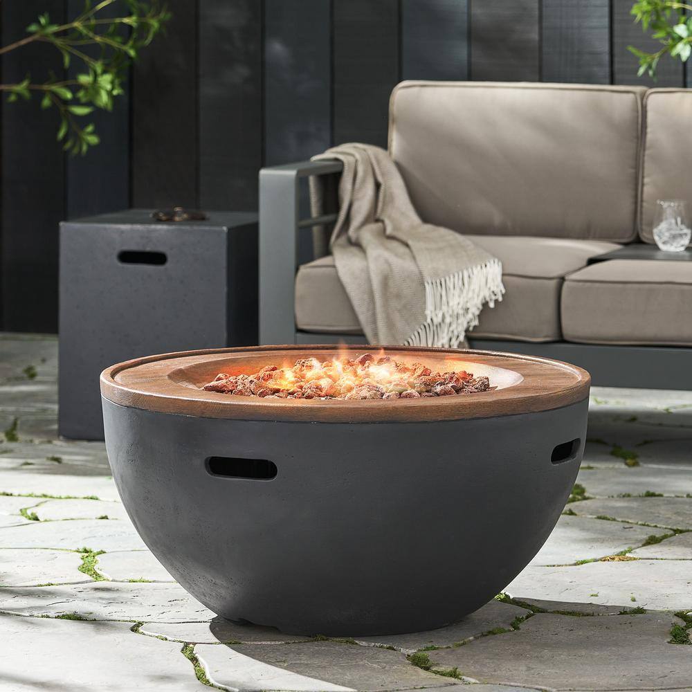 Noble House Gebo Dark Gray Bowl Stone Fire Pit with Tank Holder 109326