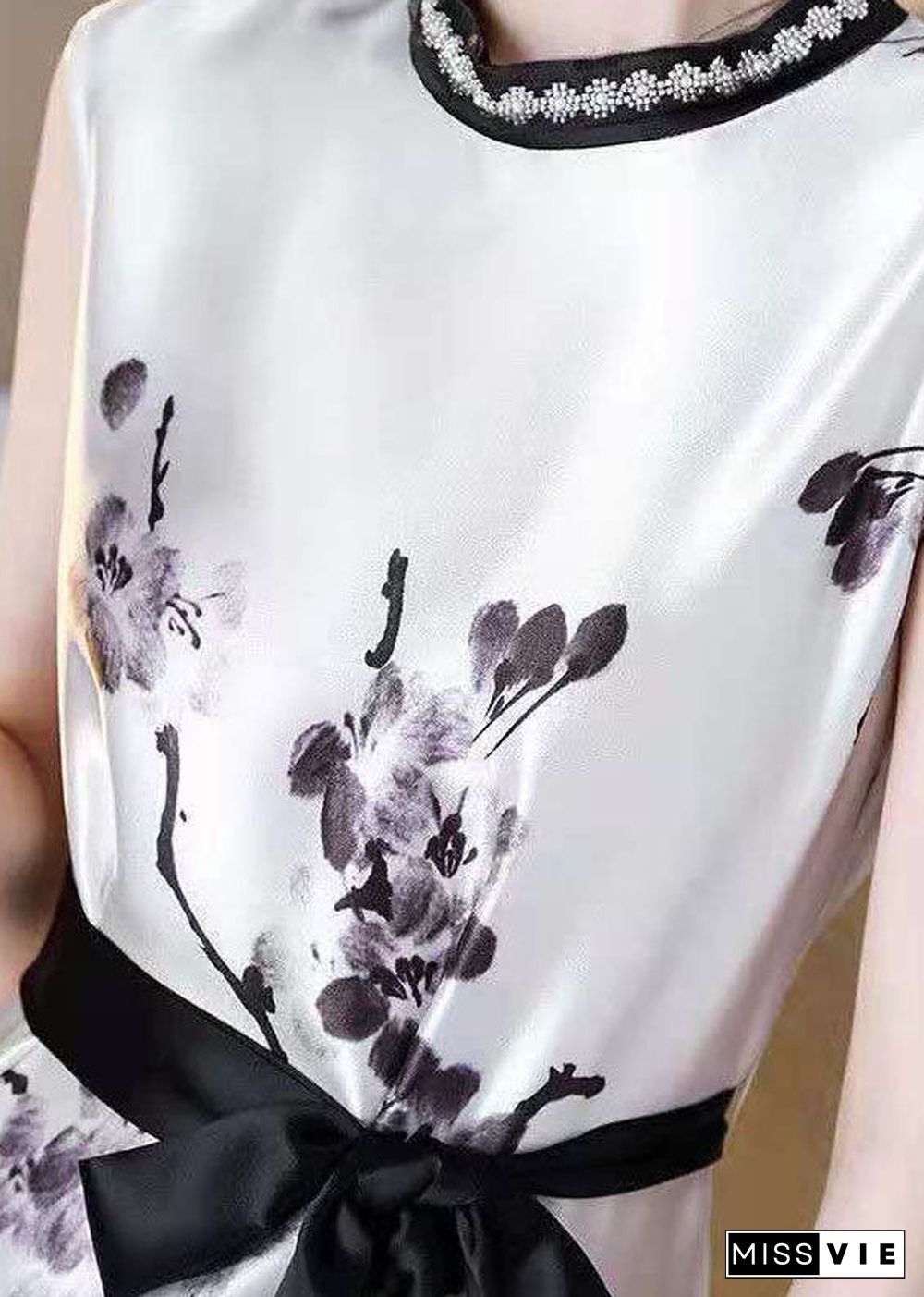 Women White Cinched Ink Print Silk Dresses Sleeveless