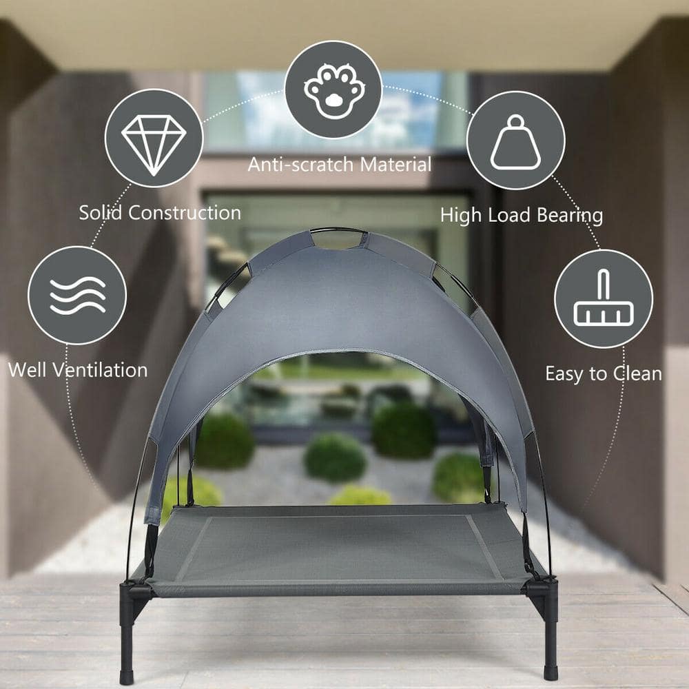 WELLFOR 41.5 in. Extra-Large Gray Metal Bed Portable Outdoor Elevated Pet Bed Cooling Dog Cot with Removable Canopy Shade PS-HWY-7353-XL