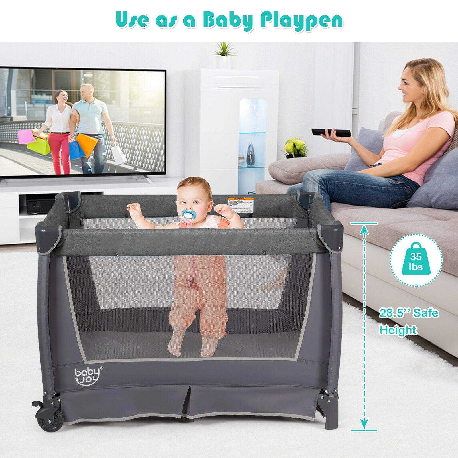 BABY JOY 4 in 1 Nursery Center, Foldable Pack and Play w/Bassinet, Changing Tabl (Space Gray)