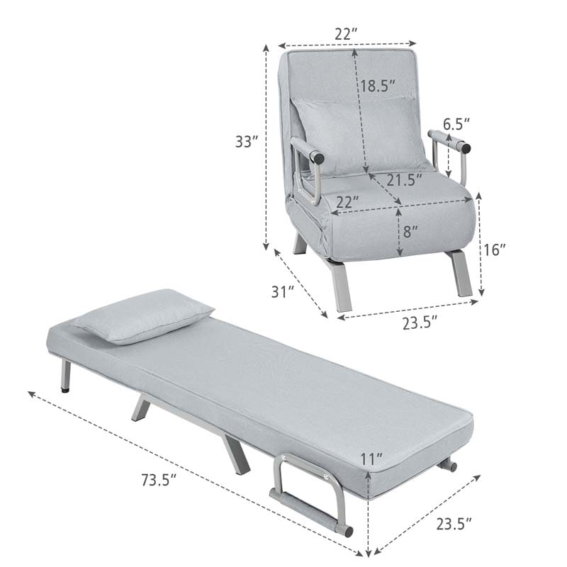 Folding Convertible Sofa Bed Sleeper Chair w/Pillow, 5-Position Armchair Chaise Lounge Couch