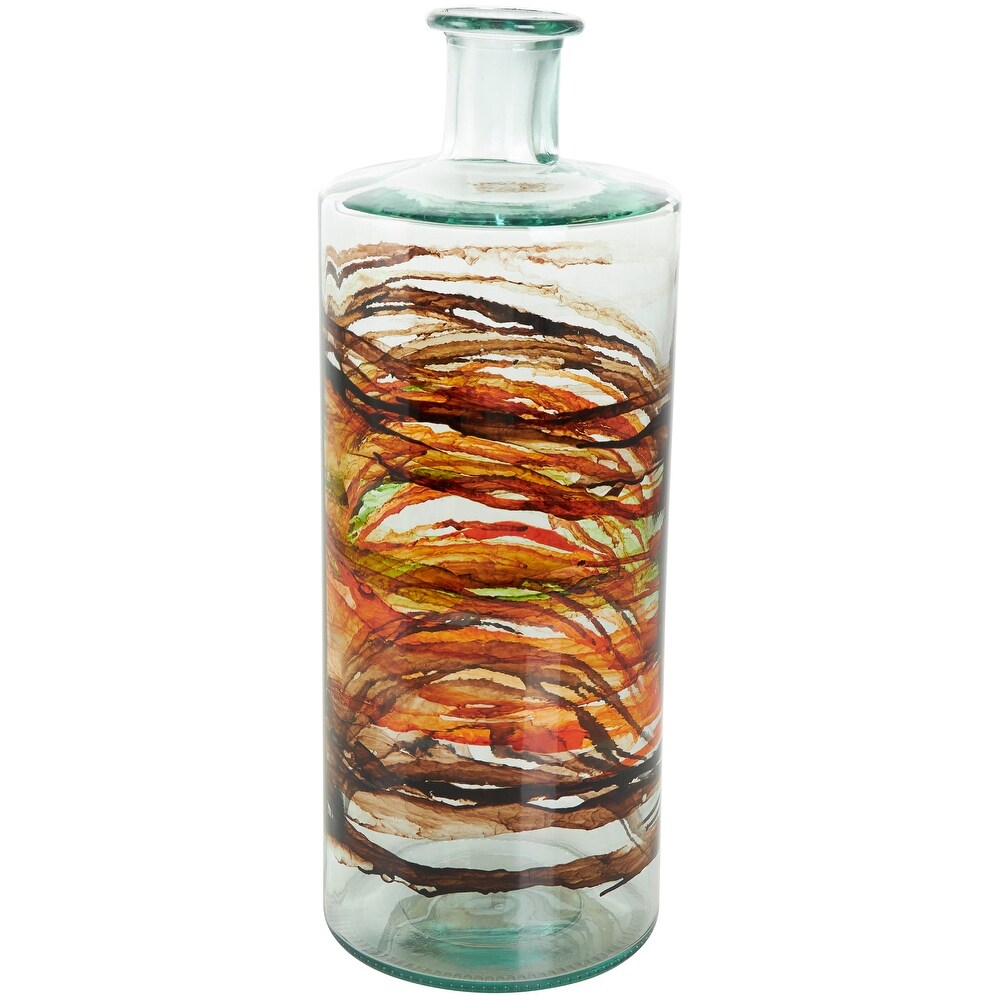 Clear Recycled Glass Abstract Spanish Bottle Vase with Swirled Colored Glass Bands