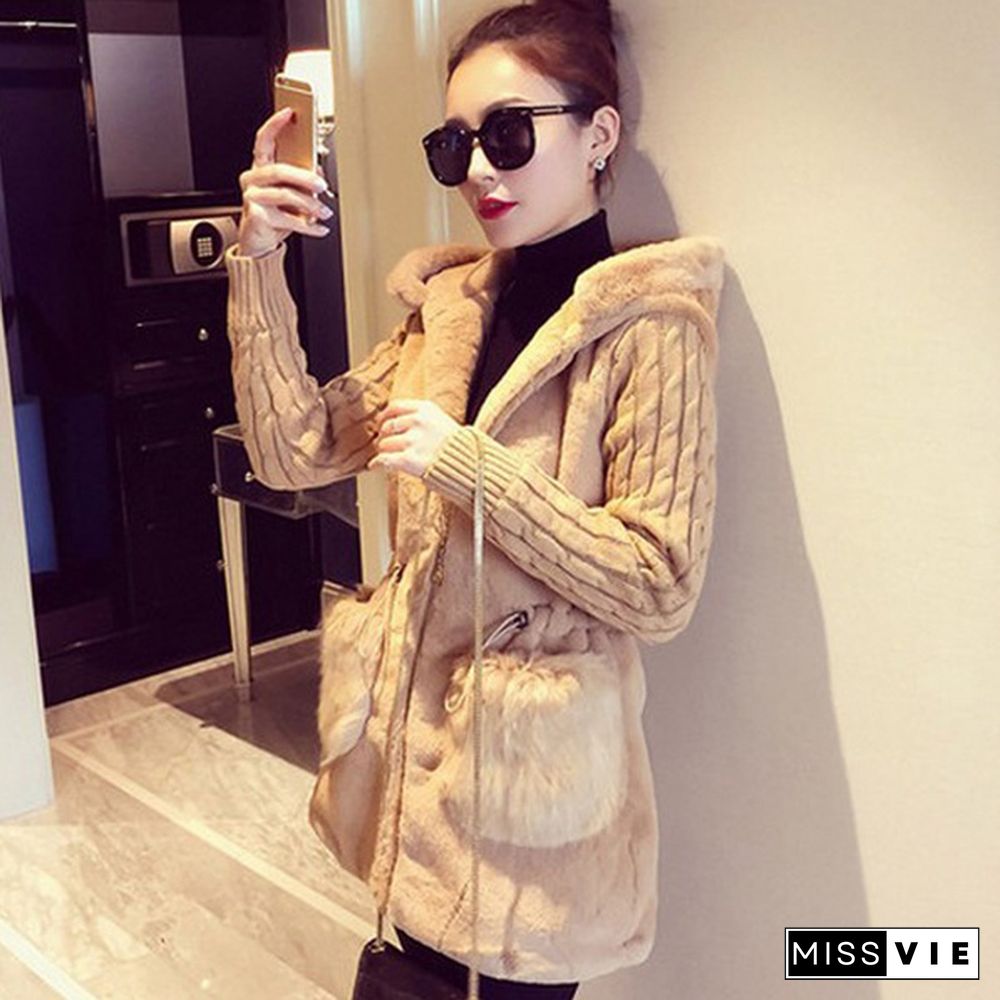 Women's Fashion Fleece Knitted Coat Winter Long Sleeves Hooded Jacket Overcoat